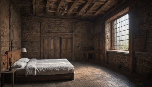 day,indoors,pillow,book,no humans,window,bed,on bed,chair,table,sunlight,bottle,plant,box,scenery,wooden floor,stairs,door,lamp,wall,bedroom,stool,shelf,carpet,barrel,rug,cabinet,fireplace,crate,shadow,bed sheet,fantasy,brick wall,wooden wall,wooden table,wooden chair