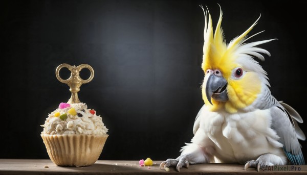 HQ,solo,red eyes,sitting,closed mouth,heart,food,black eyes,pokemon (creature),no humans,bird,feathers,black background,claws,realistic,animal focus,egg,looking at viewer,simple background,animal,table,key,chick,talons,beak