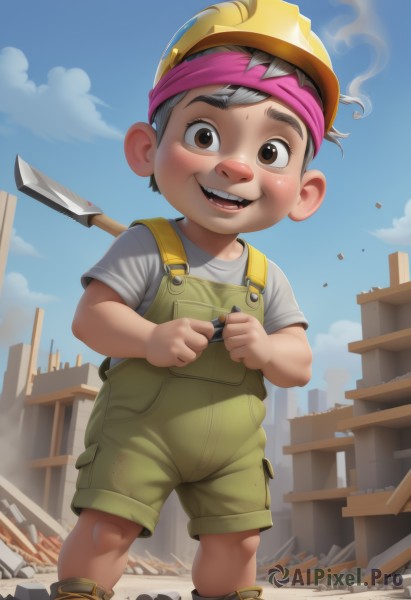 solo,looking at viewer,blush,smile,short hair,open mouth,shirt,black hair,1boy,hat,holding,brown eyes,standing,white shirt,short sleeves,grey hair,male focus,boots,outdoors,sky,shorts,teeth,day,cloud,blue sky,knife,t-shirt,building,child,overalls,male child,brown hair,weapon,:d,artist name,headband,helmet,polearm,smoke,spear