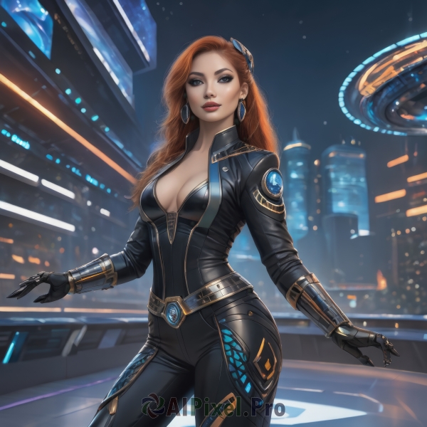 1girl,solo,long hair,breasts,looking at viewer,blue eyes,brown hair,hair ornament,gloves,cleavage,jewelry,medium breasts,standing,cowboy shot,earrings,black gloves,belt,artist name,orange hair,mole,lips,bodysuit,makeup,night,lipstick,building,zipper,science fiction,black bodysuit,red lips,large breasts,red hair,grey eyes,hoop earrings,realistic,unzipped