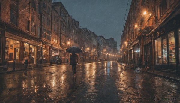 1girl, solo, holding, outdoors, sky, cloud, dutch angle, night, umbrella, ground vehicle, building, scenery, motor vehicle, reflection, walking, rain, holding umbrella, city, car, road, power lines, lamppost, street, puddle, vanishing point