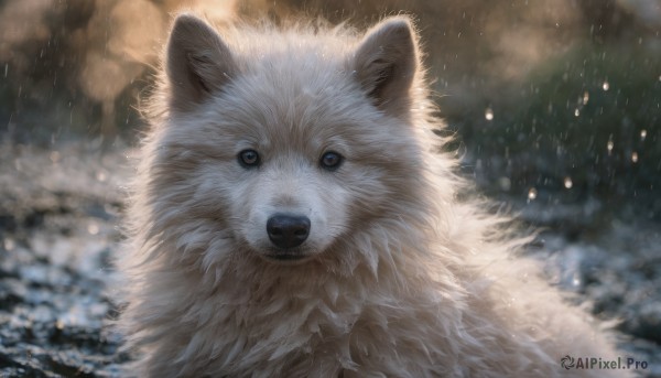 solo, looking at viewer, signature, blurry, no humans, blurry background, animal, cat, rain, dog, realistic, animal focus, white fur, fluffy