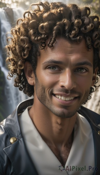 solo,looking at viewer,smile,brown hair,shirt,1boy,brown eyes,green eyes,jacket,white shirt,upper body,male focus,outdoors,teeth,collared shirt,signature,dark skin,grin,blurry,lips,blurry background,facial hair,dark-skinned male,portrait,beard,curly hair,realistic,chest hair,dreadlocks,afro,open mouth,black hair,open clothes,open jacket,black jacket,stubble,manly,leather,leather jacket,denim jacket