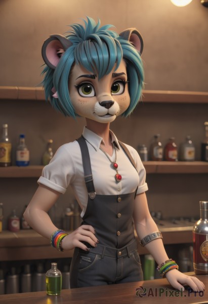 1girl,solo,breasts,looking at viewer,short hair,bangs,shirt,animal ears,jewelry,green eyes,blue hair,standing,white shirt,short sleeves,cowboy shot,small breasts,collared shirt,pants,artist name,indoors,necklace,nail polish,blurry,bracelet,hand on hip,buttons,blurry background,black pants,table,thick eyebrows,suspenders,bottle,denim,black nails,furry,freckles,furry female,overalls,bear ears,animal nose,snout,smile,closed mouth,sidelocks,parted lips,teeth,alternate costume,pointy ears,shiny,signature,grin,cup,aqua hair,:3,watermark,alcohol,drinking glass,drink,shirt tucked in,bangle,body fur,shelf,wine bottle,two-tone fur,bar (place)