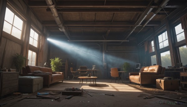 weapon,sky,day,indoors,tree,gun,pillow,book,no humans,window,bed,chair,table,sunlight,plant,curtains,box,scenery,couch,desk,light rays,wooden floor,potted plant,lamp,cable,sunbeam,ruins,shelf,cardboard box,cup,shadow,bottle,tiles,light,broken,ceiling,drawer,ceiling light,rug,cabinet,window shade,telescope,tools