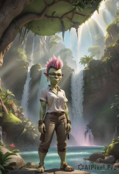 1girl,solo,looking at viewer,short hair,shirt,jewelry,closed mouth,standing,full body,white shirt,pink hair,flower,short sleeves,outdoors,glasses,barefoot,day,pointy ears,collared shirt,belt,pants,artist name,signature,water,bracelet,tree,dress shirt,toes,colored skin,sandals,sunlight,plant,spiked hair,wristband,nature,forest,toenails,light rays,rock,round eyewear,green skin,sunbeam,brown pants,waterfall,capri pants,moss,overgrown,goblin,blue eyes,1boy,holding,male focus,red hair,earrings,phone,sunglasses,monster girl,mohawk,cliff,cave