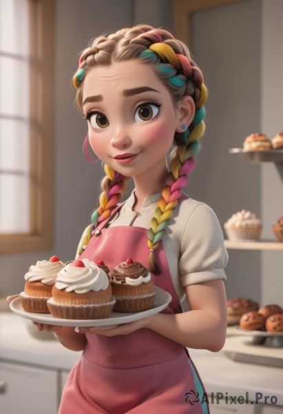 1girl,solo,long hair,looking at viewer,blush,smile,blonde hair,brown hair,shirt,holding,twintails,brown eyes,jewelry,closed mouth,standing,white shirt,braid,short sleeves,multicolored hair,cowboy shot,earrings,food,puffy sleeves,artist name,indoors,blurry,apron,twin braids,two-tone hair,puffy short sleeves,lips,streaked hair,fingernails,window,fruit,depth of field,blurry background,thick eyebrows,hair over shoulder,plate,freckles,cake,strawberry,stud earrings,holding plate,kitchen,cupcake,pink apron,pastry,multiple braids,hair ornament,blue hair,pink hair,green hair,aqua hair,gradient hair,forehead,tray,nose,overalls,holding tray,pie