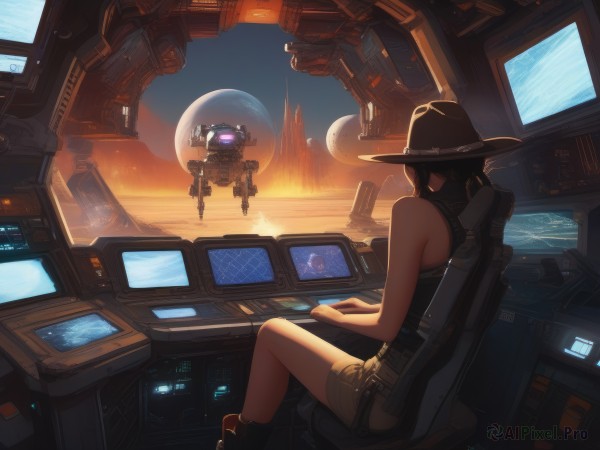 1girl,solo,long hair,black hair,hat,bare shoulders,sitting,ponytail,boots,shorts,sleeveless,indoors,from behind,short shorts,chair,tank top,robot,scenery,mecha,science fiction,brown headwear,facing away,space,computer,monitor,planet,cowboy hat,keyboard (computer),spacecraft,tablet pc,cockpit,holographic interface,hologram,joystick,weapon,belt,black headwear,glowing,on chair,brown shorts,video game