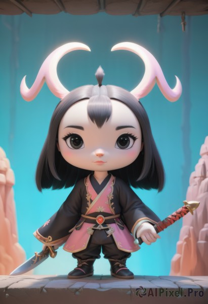 1girl,solo,long hair,looking at viewer,blush,black hair,long sleeves,holding,animal ears,closed mouth,standing,full body,weapon,outdoors,japanese clothes,horns,pants,sword,chibi,black footwear,holding weapon,black eyes,lips,blue background,holding sword,black pants,katana,forehead,female child,antlers,deer ears,smile,dual wielding