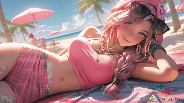 1girl,long hair,breasts,looking at viewer,blush,smile,bangs,blue eyes,multiple girls,large breasts,hat,navel,2girls,cleavage,bare shoulders,jewelry,medium breasts,closed mouth,swimsuit,pink hair,braid,heart,bikini,thighs,multicolored hair,cowboy shot,earrings,outdoors,lying,one eye closed,sky,shorts,solo focus,day,midriff,cloud,water,necklace,stomach,blurry,bracelet,tree,blue sky,lips,crop top,grey eyes,bare arms,short shorts,single braid,tattoo,makeup,blurry background,ocean,arm support,umbrella,on side,beach,sunlight,sunglasses,tank top,lipstick,towel,hair over shoulder,eyewear on head,hoop earrings,pink lips,sand,palm tree,pink bikini,bangle,pink headwear,shade,arm tattoo,beach umbrella,leg tattoo,mascara,pink shorts,spade (shape),heart tattoo,beach towel,solo,skirt,belt,miniskirt,hair over one eye,arm up,halterneck,wristband,light particles,pendant,pink skirt,hand in own hair,patreon username,horizon,beanie,stomach tattoo,flower tattoo