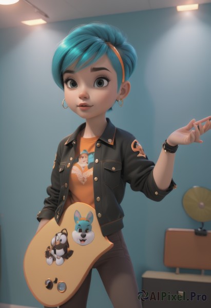 1girl,solo,looking at viewer,short hair,shirt,holding,jewelry,blue hair,standing,jacket,multicolored hair,cowboy shot,hairband,earrings,open clothes,pants,indoors,hand up,nail polish,black eyes,bracelet,two-tone hair,open jacket,lips,black jacket,grey eyes,eyelashes,aqua hair,makeup,swept bangs,black pants,denim,lipstick,instrument,sleeves rolled up,jeans,hoop earrings,nose,guitar,red lips,very short hair,leather,orange shirt,electric guitar,leather jacket,drum,mascara,studded bracelet,bulma,blue eyes,parted lips,bird,wristband,wristwatch