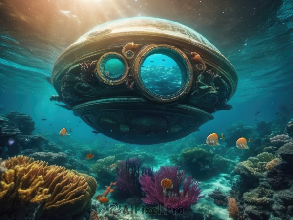 water,no humans,glowing,ocean,sunlight,scenery,fish,science fiction,bubble,light rays,rock,underwater,fantasy,air bubble,jellyfish,turtle,coral,animal,goggles,swimming,octopus,whale,caustics