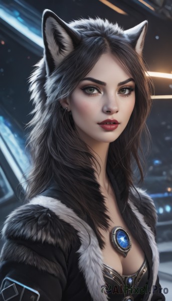 1girl,solo,long hair,breasts,looking at viewer,brown hair,black hair,animal ears,cleavage,brown eyes,jewelry,medium breasts,jacket,upper body,earrings,parted lips,cat ears,blurry,lips,animal ear fluff,fur trim,makeup,blurry background,piercing,lipstick,gem,freckles,realistic,nose,red lips,bangs,green eyes,artist name,necklace,parted bangs,wolf ears,forehead,wolf girl