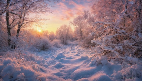 outdoors, sky, cloud, tree, no humans, sunlight, nature, scenery, snow, forest, sunset, mountain, sun, winter, bare tree