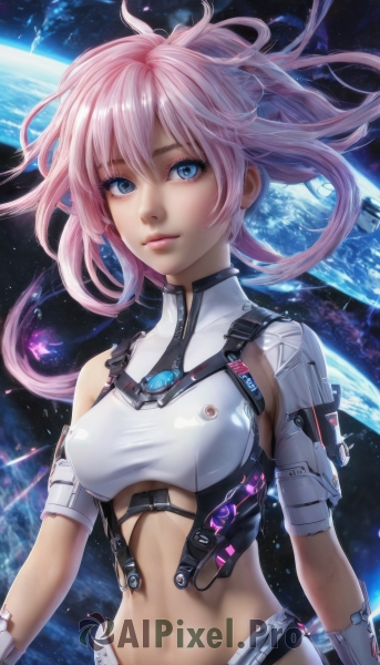 1girl,solo,long hair,breasts,looking at viewer,smile,bangs,blue eyes,navel,hair between eyes,medium breasts,closed mouth,upper body,pink hair,midriff,stomach,lips,crop top,makeup,floating hair,science fiction,arms at sides,space,planet,earth (planet),underboob,realistic