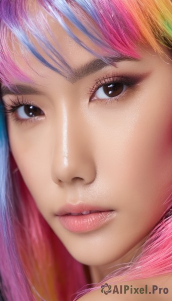 1girl,solo,long hair,looking at viewer,bangs,brown eyes,blue hair,pink hair,multicolored hair,parted lips,teeth,blurry,lips,eyelashes,gradient hair,makeup,portrait,close-up,realistic,nose,rainbow hair,blonde hair,watermark,web address,eye focus