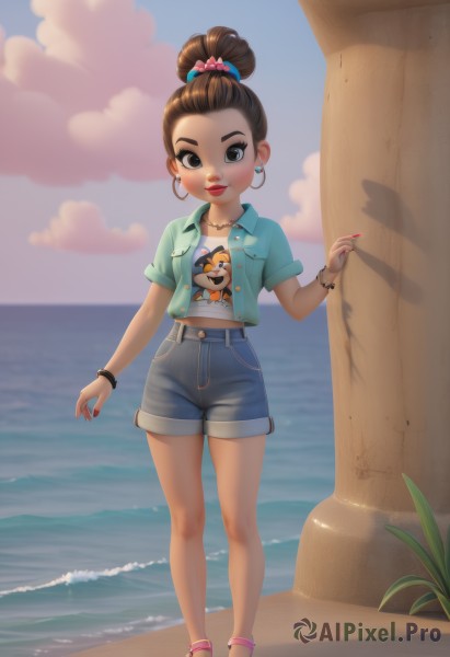 1girl,solo,looking at viewer,blush,smile,brown hair,shirt,hair ornament,brown eyes,jewelry,closed mouth,standing,collarbone,jacket,full body,short sleeves,heart,earrings,outdoors,open clothes,sky,shorts,day,midriff,artist name,cloud,signature,water,necklace,hair bun,nail polish,black eyes,flat chest,bracelet,blue sky,lips,fingernails,short shorts,open shirt,makeup,toes,buttons,ocean,beach,sandals,single hair bun,scrunchie,blue shirt,plant,denim,lipstick,animal print,child,red nails,pink nails,blue shorts,toenails,denim shorts,hoop earrings,sand,anklet,horizon,unbuttoned,toenail polish,red lips,female child,bangle,print shirt,hair pulled back,topknot,denim jacket,short hair,crop top,sunglasses,thick eyebrows,pocket,nose