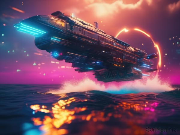 outdoors,sky,cloud,water,no humans,glowing,ocean,star (sky),scenery,flying,science fiction,sunset,horizon,space,watercraft,spacecraft,lights,thrusters,signature,realistic,vehicle focus