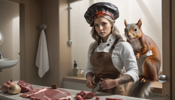 1girl,solo,long hair,looking at viewer,smile,blue eyes,blonde hair,shirt,long sleeves,hat,holding,closed mouth,standing,white shirt,food,collared shirt,indoors,apron,lips,black headwear,tattoo,fruit,animal,cat,knife,sleeves rolled up,realistic,nose,door,tiles,holding knife,tile wall,kitchen,sink,faucet,kitchen knife,cutting board,upper body,cooking,meat,sleeves pushed up,squirrel,chef,potato,onion