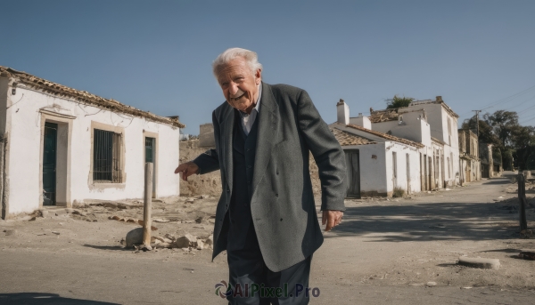 solo,short hair,shirt,long sleeves,1boy,closed mouth,standing,jacket,white shirt,white hair,grey hair,male focus,outdoors,necktie,sky,day,collared shirt,pants,vest,tree,blue sky,coat,black jacket,facial hair,black pants,formal,suit,pointing,building,beard,realistic,grey jacket,mustache,house,old,power lines,old man,photo background,grey vest,window,black necktie,black vest,black suit