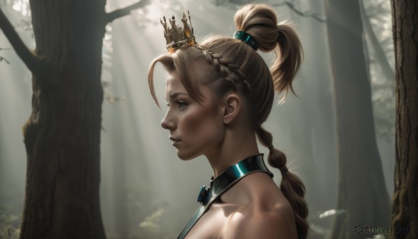 1girl,solo,long hair,blue eyes,blonde hair,brown hair,bare shoulders,upper body,ponytail,braid,outdoors,parted lips,day,blurry,collar,from side,tree,lips,single braid,profile,sunlight,crown,portrait,nature,forest,freckles,light rays,realistic,nose,hair tie,dappled sunlight,hair pulled back,topknot,mini crown