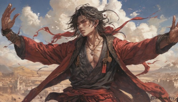 solo,long hair,black hair,long sleeves,1boy,jewelry,closed mouth,standing,collarbone,upper body,male focus,outdoors,open clothes,sky,day,cloud,necklace,blue sky,looking to the side,sash,floating hair,watermark,scar,looking away,chinese clothes,cloudy sky,outstretched arms,pectorals,wind,building,tassel,scar on face,beads,robe,mountain,spread arms,earrings,bracelet,coat,city,bracer