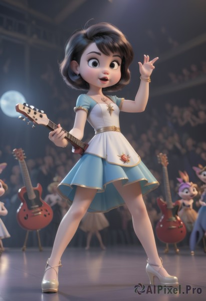 1girl,breasts,looking at viewer,smile,short hair,open mouth,bangs,multiple girls,brown hair,black hair,dress,holding,brown eyes,jewelry,standing,full body,short sleeves,earrings,small breasts,multiple boys,shoes,teeth,solo focus,belt,indoors,necklace,white dress,blurry,black eyes,arm up,high heels,bracelet,lips,depth of field,blurry background,blue dress,upper teeth only,short dress,moon,white footwear,instrument,child,waving,music,guitar,female child,playing instrument,holding instrument,electric guitar,crowd,drum,stage,bass guitar,spotlight,stage lights,concert,parted lips,makeup,6+girls,watermark,red lips,m/