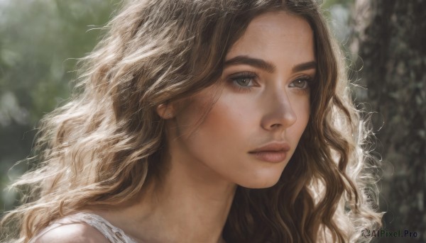 1girl,solo,long hair,brown hair,brown eyes,jewelry,closed mouth,earrings,blurry,lips,eyelashes,depth of field,blurry background,wavy hair,portrait,curly hair,realistic,nose,stud earrings,outdoors,day,expressionless,sunlight,close-up,looking afar