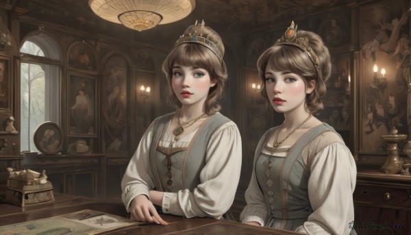 breasts,looking at viewer,short hair,bangs,blue eyes,multiple girls,brown hair,shirt,long sleeves,dress,2girls,jewelry,sitting,collarbone,white shirt,upper body,parted lips,puffy sleeves,indoors,necklace,vest,lips,grey eyes,book,window,table,tiara,crown,gem,pendant,red lips,candle,statue,painting (object),map,candlestand,blush,blonde hair,closed mouth,teeth,artist name,hair bun,white dress,tree,makeup,single hair bun,light brown hair,lipstick,mirror,realistic,lamp,scroll,shelf,chest of drawers,portrait (object)