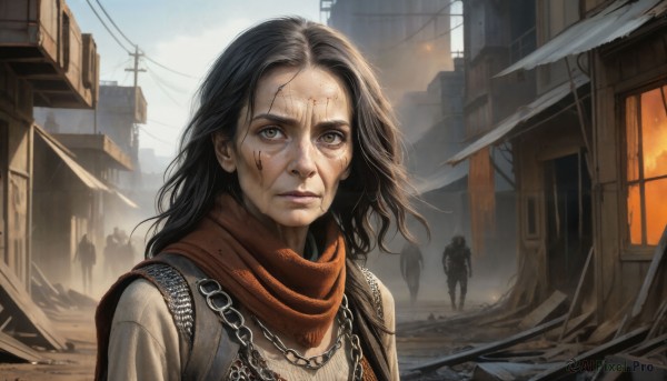 HQ,1girl,long hair,looking at viewer,brown hair,black hair,brown eyes,jewelry,closed mouth,upper body,outdoors,multiple boys,sky,solo focus,medium hair,necklace,scarf,armor,lips,blood,building,blood on face,city,realistic,ruins,power lines,bag,chain,backpack,messy hair,red scarf,injury,silhouette,facepaint,dirty,dirty face