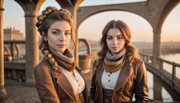 long hair,breasts,looking at viewer,multiple girls,brown hair,shirt,black hair,long sleeves,2girls,brown eyes,jewelry,closed mouth,jacket,white shirt,upper body,outdoors,open clothes,day,necklace,scarf,blurry,lips,coat,buttons,blurry background,siblings,wavy hair,sisters,forehead,curly hair,brown jacket,realistic,railing,leather,bridge,brown coat,brown scarf,smile,bangs,hair ornament,medium breasts,open jacket,depth of field,building,corset,backlighting,side-by-side,arch