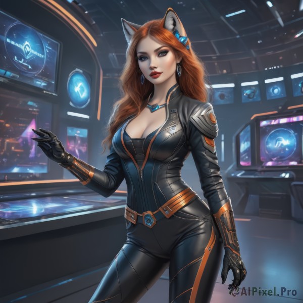 1girl,solo,long hair,breasts,looking at viewer,blue eyes,large breasts,brown hair,hair ornament,gloves,animal ears,cleavage,jewelry,medium breasts,standing,cowboy shot,earrings,belt,indoors,cat ears,necklace,orange hair,lips,fox ears,bodysuit,makeup,lipstick,science fiction,contrapposto,black bodysuit,red lips,monitor,red hair,black gloves,fake animal ears,wavy hair,skin tight,claws,zipper,realistic,unzipped,partially unzipped,open bodysuit