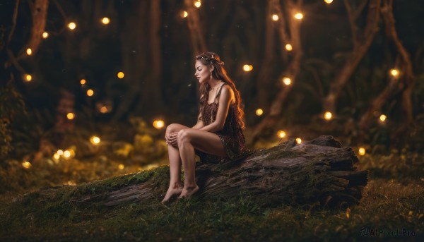 1girl,solo,long hair,breasts,brown hair,black hair,hair ornament,dress,bare shoulders,jewelry,sitting,full body,closed eyes,braid,outdoors,barefoot,sleeveless,pointy ears,blurry,black dress,tree,bare arms,bare legs,night,sleeveless dress,depth of field,blurry background,grass,nature,light particles,forest,fireflies,scenery,realistic,dark,dirty,dirty feet