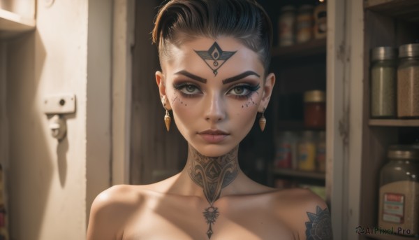 1girl,solo,looking at viewer,short hair,black hair,bare shoulders,brown eyes,jewelry,closed mouth,collarbone,earrings,indoors,mole,blurry,lips,grey eyes,tattoo,makeup,blurry background,facial mark,bottle,portrait,forehead,eyeshadow,freckles,eyeliner,undercut,mascara,neck tattoo,green eyes,upper body,nude,choker,book,asymmetrical hair,bookshelf,facial tattoo,chest tattoo