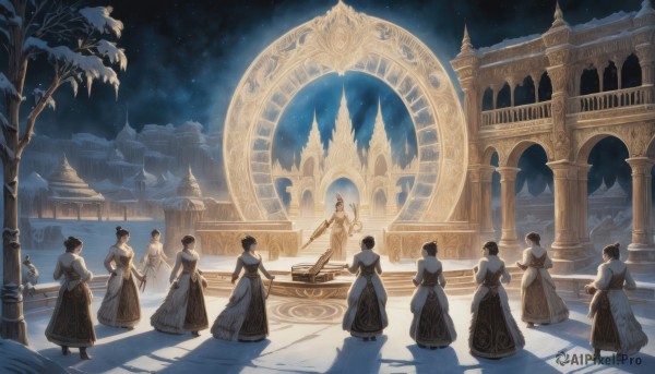 short hair,multiple girls,black hair,long sleeves,dress,standing,outdoors,multiple boys,sky,hair bun,from behind,white dress,tree,night,shadow,6+girls,single hair bun,building,star (sky),night sky,scenery,starry sky,6+boys,hands on hips,robe,stairs,architecture,pillar,statue,arch,column,holding,weapon,puffy sleeves,sword,holding weapon,black dress,holding sword,instrument,dancing,bare tree,castle,gown