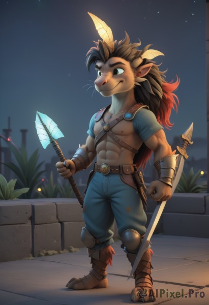 solo,long hair,smile,brown hair,black hair,1boy,navel,holding,animal ears,brown eyes,jewelry,closed mouth,nipples,green eyes,standing,full body,weapon,short sleeves,male focus,red hair,multicolored hair,outdoors,horns,sky,pointy ears,belt,pants,sword,artist name,signature,holding weapon,gradient hair,muscular,night,holding sword,abs,thick eyebrows,blue shirt,knife,pectorals,muscular male,sheath,star (sky),night sky,furry,starry sky,freckles,blue pants,dagger,furry male,body fur,whiskers,snout,brown fur,hooves,digitigrade,feathers,plant,polearm,topless male,spear,antlers,feather hair ornament,holding polearm