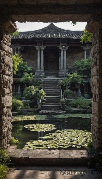 outdoors,day,tree,no humans,sunlight,grass,plant,building,scenery,stairs,architecture,ruins,east asian architecture,pillar,statue,shrine,moss,stone lantern,stone stairs,nature,bush,torii,real world location