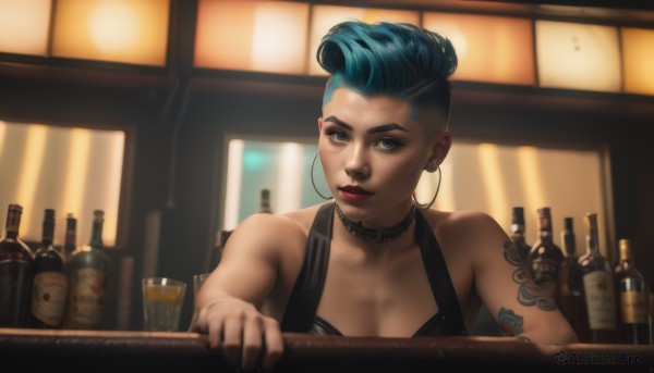 1girl,solo,breasts,looking at viewer,short hair,blue eyes,dress,cleavage,bare shoulders,jewelry,medium breasts,closed mouth,blue hair,collarbone,upper body,multicolored hair,earrings,choker,indoors,nail polish,blurry,black dress,two-tone hair,cup,lips,tattoo,makeup,depth of field,blurry background,black choker,piercing,bottle,lipstick,ear piercing,alcohol,eyeshadow,drinking glass,asymmetrical hair,hoop earrings,realistic,nose,red lips,eyeliner,arm tattoo,undercut,wine bottle,mascara,bar (place),cocktail dress,aqua hair,thick eyebrows,backlighting,shoulder tattoo,nose piercing