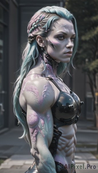 1girl,solo,long hair,breasts,looking at viewer,navel,jewelry,closed mouth,blue hair,upper body,braid,multicolored hair,earrings,outdoors,armor,blurry,from side,two-tone hair,lips,grey eyes,aqua hair,tattoo,muscular,blurry background,colored skin,scar,piercing,abs,science fiction,toned,realistic,nose,muscular female,android,cyborg,medium breasts,underwear,small breasts,artist name,bra,makeup,watermark,black bra,veins,facepaint,bodypaint