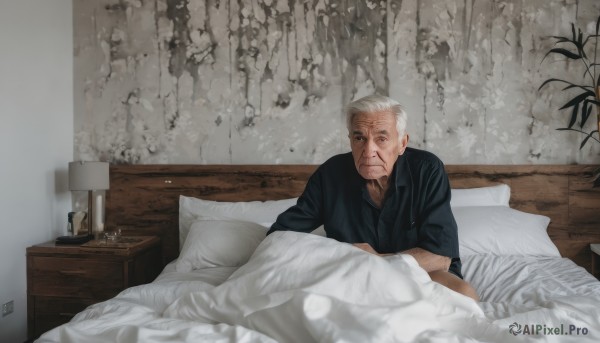 solo,looking at viewer,long sleeves,1boy,sitting,closed mouth,white hair,grey hair,male focus,japanese clothes,indoors,pillow,bed,bed sheet,facial hair,on bed,scar,plant,beard,realistic,blanket,lamp,candle,old,old man,wrinkled skin,smile,shirt,signature,book,black shirt