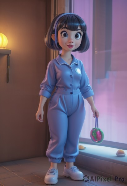 1girl,solo,looking at viewer,smile,short hair,bangs,shirt,black hair,holding,brown eyes,standing,full body,hairband,shoes,pants,indoors,blunt bangs,bag,black eyes,lips,loli,white footwear,child,pajamas,female child,brown hair,window,makeup,buttons,bob cut,blue shirt,sneakers,blue pants