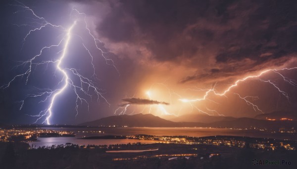 A lightning showcased in a vivid sunset outdoors