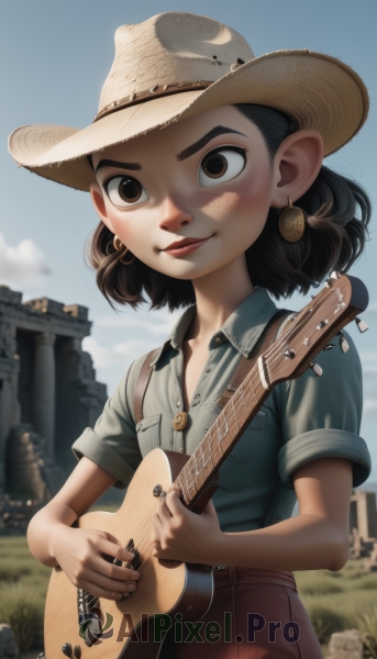 1girl,solo,looking at viewer,smile,short hair,skirt,brown hair,shirt,black hair,hat,holding,brown eyes,jewelry,closed mouth,standing,upper body,short sleeves,cowboy shot,earrings,outdoors,sky,day,collared shirt,artist name,cloud,medium hair,necklace,blurry,flat chest,blue sky,lips,buttons,blurry background,blue shirt,wing collar,instrument,child,grey shirt,freckles,pocket,hoop earrings,music,brown headwear,guitar,female child,breast pocket,playing instrument,holding instrument,electric guitar,plectrum,pointy ears,signature,depth of field,denim,nose,denim jacket