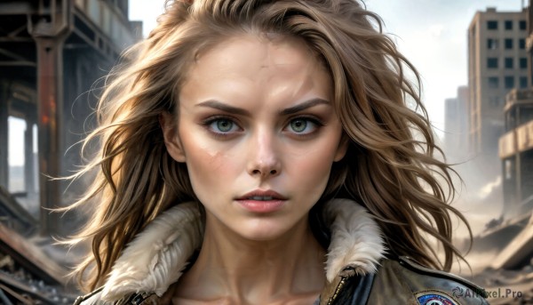 HQ,1girl,solo,long hair,looking at viewer,blue eyes,blonde hair,brown hair,green eyes,collarbone,jacket,outdoors,parted lips,teeth,day,blurry,lips,fur trim,eyelashes,depth of field,blurry background,scar,wind,building,messy hair,portrait,close-up,forehead,freckles,city,realistic,nose,dirty,dirty face,blush,sky,fur collar,fur-trimmed jacket