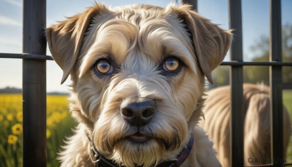 HQ,solo,looking at viewer,brown eyes,flower,outdoors,sky,day,blurry,collar,blue sky,no humans,depth of field,blurry background,animal,portrait,close-up,dog,realistic,yellow flower,fence,sunflower,field,animal focus,wooden fence,yellow eyes,cloud,indoors,window,animal collar,shiba inu