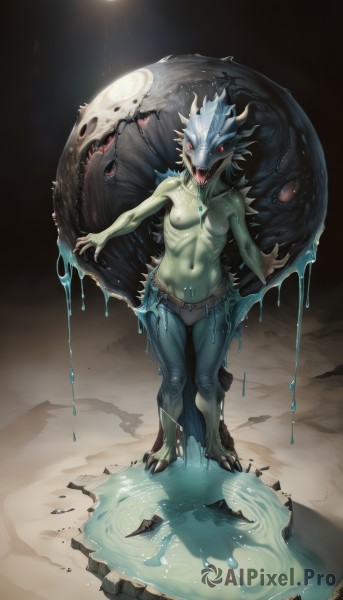 1girl,solo,breasts,looking at viewer,open mouth,red eyes,navel,nipples,standing,tail,full body,small breasts,horns,teeth,tongue,belt,pants,water,colored skin,topless,moon,denim,sharp teeth,monster girl,genderswap,genderswap (mtf),monster,jeans,green skin,dripping,slime (substance),puddle,no humans,tentacles,blue skin,extra eyes,eldritch abomination