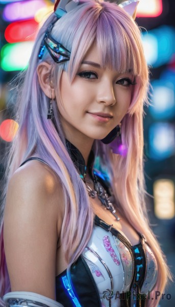 1girl,solo,long hair,breasts,looking at viewer,smile,bangs,blonde hair,hair ornament,animal ears,cleavage,bare shoulders,jewelry,medium breasts,upper body,pink hair,multicolored hair,earrings,hairclip,cat ears,necklace,blurry,black eyes,lips,makeup,blurry background,fake animal ears,zipper,realistic,closed mouth,depth of field