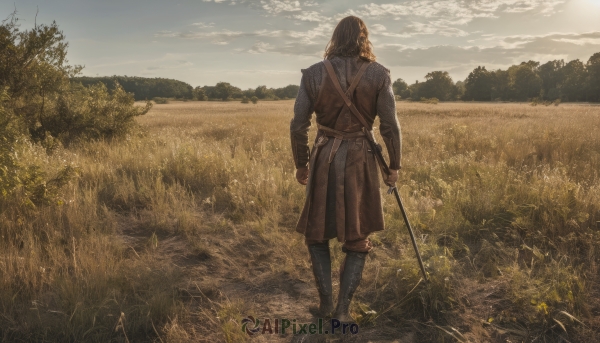 solo,long hair,brown hair,long sleeves,1boy,holding,standing,full body,weapon,male focus,boots,outdoors,sky,day,pants,sword,cloud,from behind,holding weapon,tree,facial hair,holding sword,knee boots,cloudy sky,grass,sheath,nature,scenery,beard,facing away,scabbard,field,brown pants,coat,katana