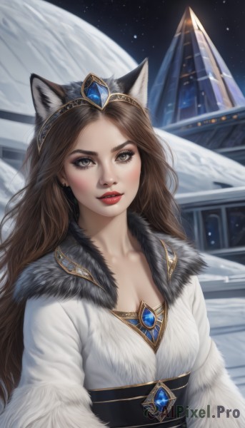 1girl,solo,long hair,breasts,looking at viewer,smile,brown hair,dress,animal ears,cleavage,brown eyes,jewelry,medium breasts,collarbone,upper body,earrings,outdoors,parted lips,sky,artist name,cat ears,white dress,lips,coat,animal ear fluff,grey eyes,fur trim,makeup,night,tiara,crown,lipstick,gem,star (sky),night sky,snow,starry sky,realistic,red lips,blue gemstone,red gemstone,blush,eyelashes,moon,wolf ears,building,nose,fur,castle