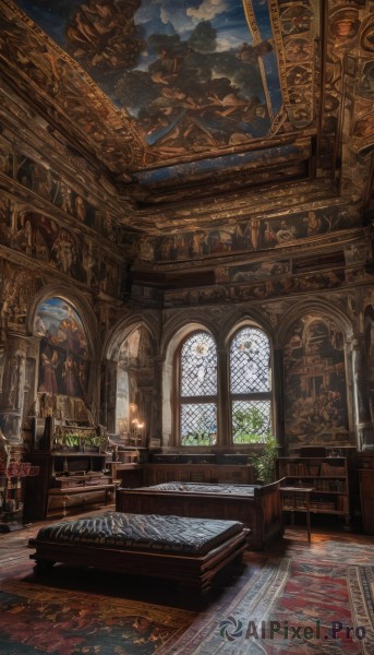 sky,day,cloud,indoors,tree,book,no humans,window,chair,table,sunlight,plant,scenery,wooden floor,stairs,fantasy,candle,architecture,pillar,statue,painting (object),carpet,arch,candlestand,rug,chandelier,fireplace,weapon,sword,fire,potted plant,vase,chalice